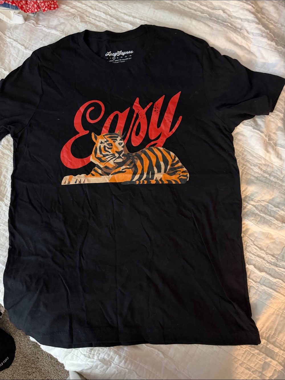 Lucky Brand Black Tee with Red Script & Orange Tiger